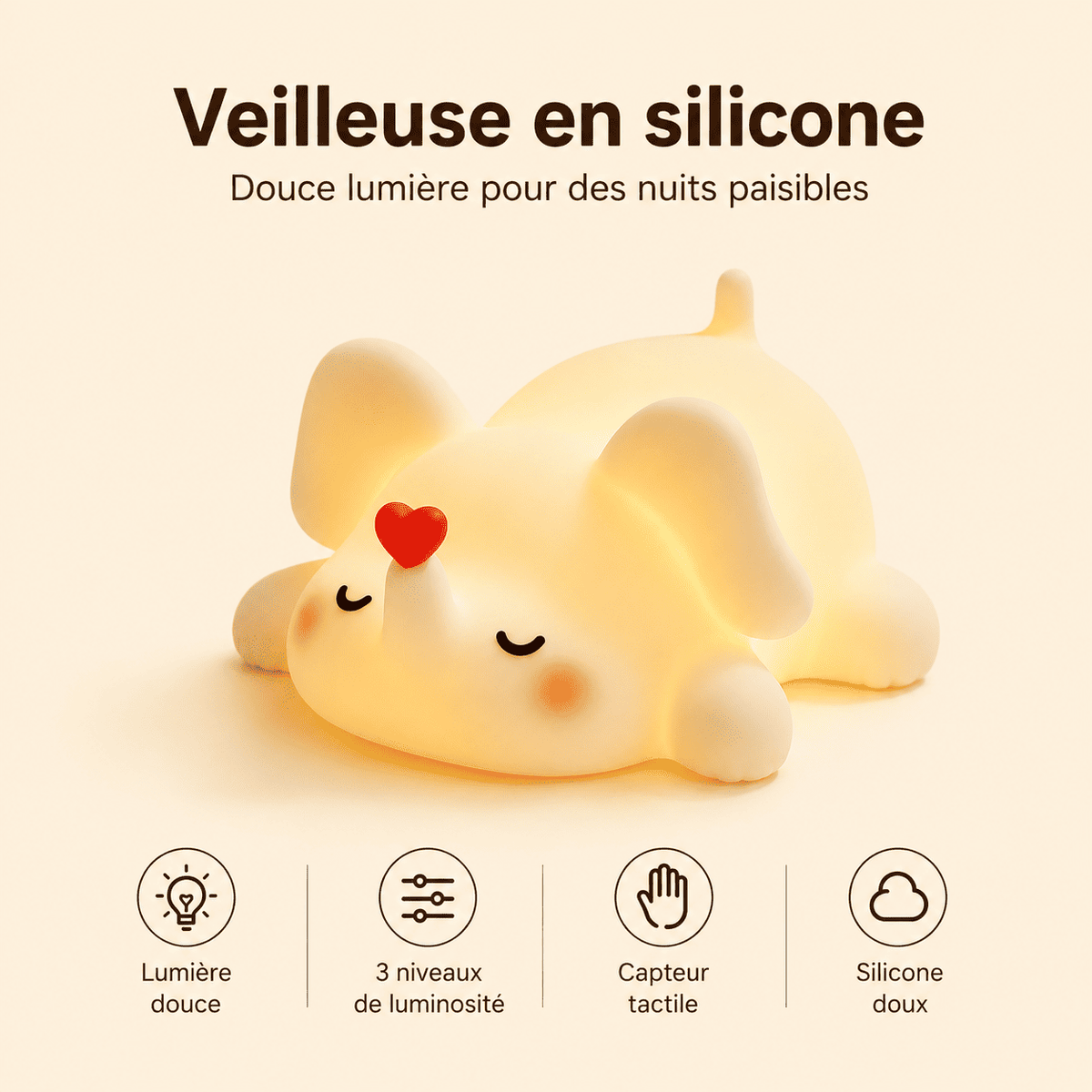 Veilleuse éléphant LED en silicone avec 3 luminosité - mylumiz.com