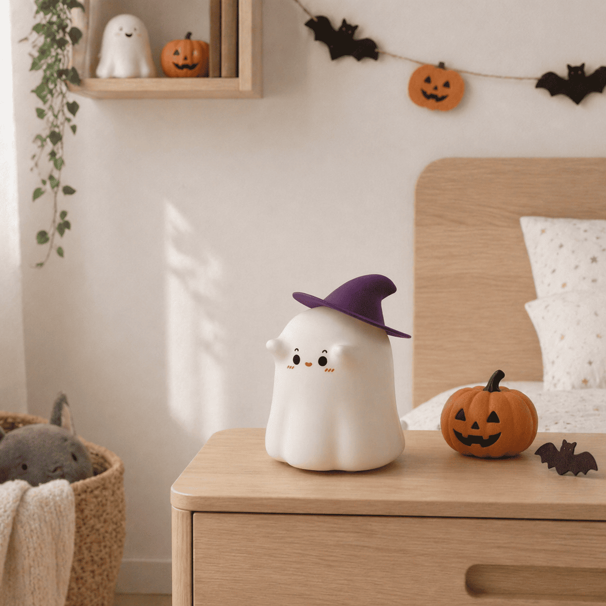 Veilleuse Fantôme d'halloween éteinte sur un meuble dans une chambre d'enfant