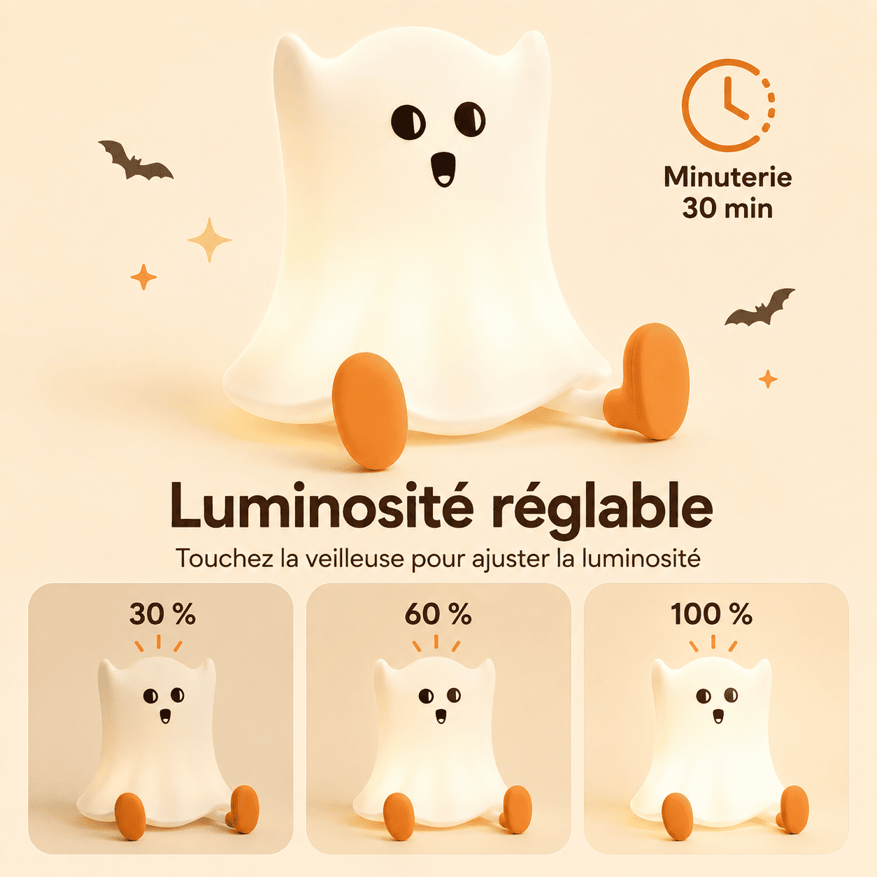 Petite veilleuse fantôme avec luminosité réglable et minuterie de 30 minutes