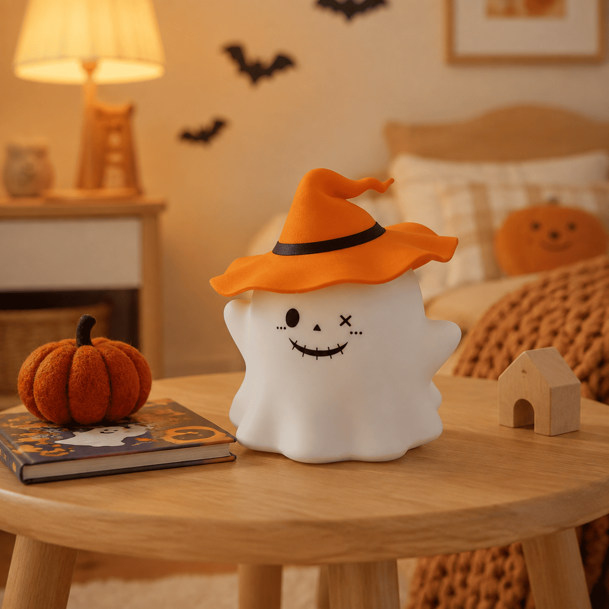 Veilleuse fantôme sorcière orange éteinte sur une table Halloween