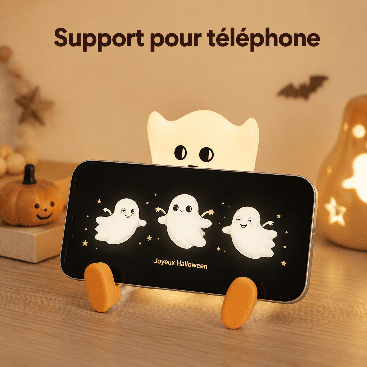 Petite veilleuse fantôme utilisée comme support pour téléphone