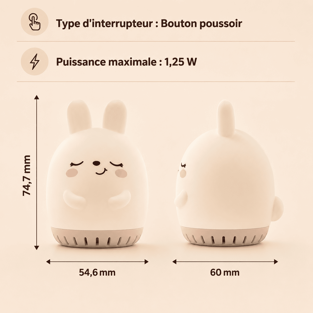 Dimensions et caractéristiques de la veilleuse lapin bruit blanc