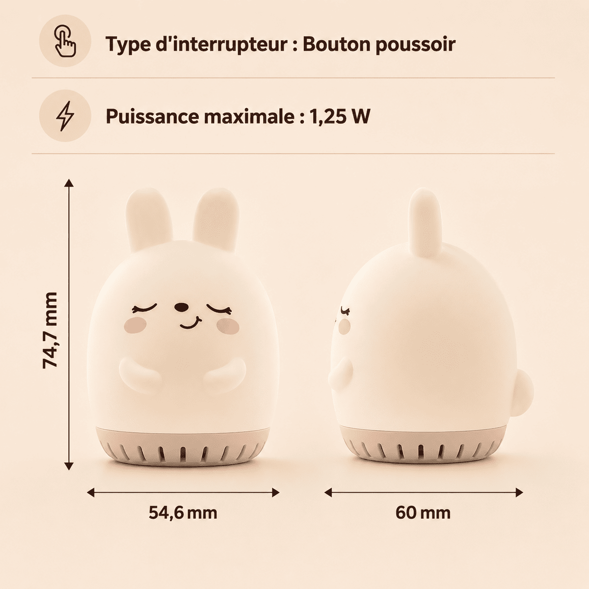 Dimensions et caractéristiques de la veilleuse lapin bruit blanc