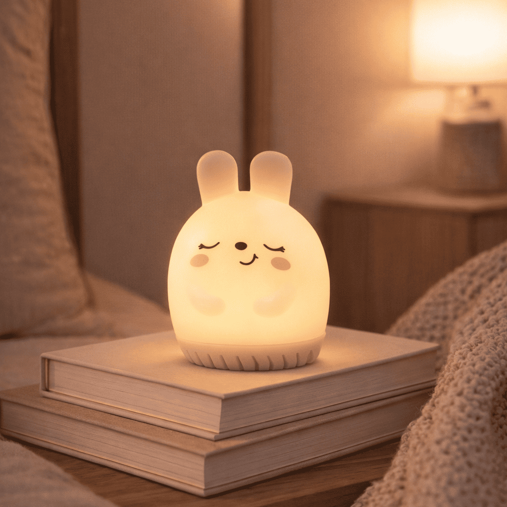 Veilleuse Lapin Bruit Blanc posée sur des lives diffusant une lumière douce