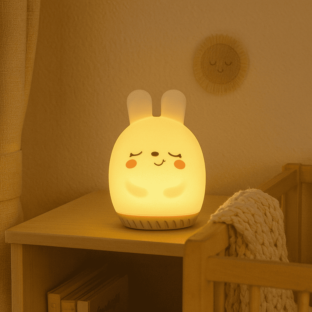 Veilleuse lapin bruit blanc diffusant une lumière chaude sur une table de chevet