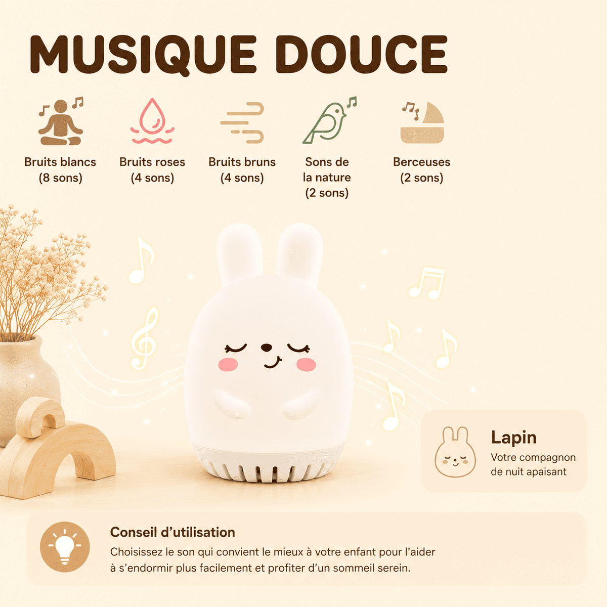 Types de sons de la veilleuse lapin : bruits blancs, roses, bruns, nature et berceuses