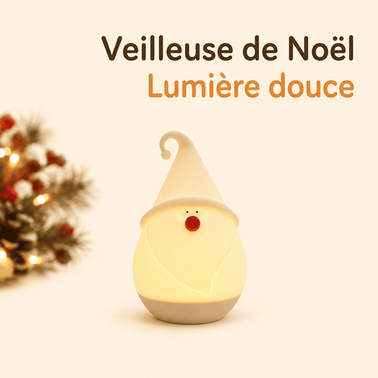 Veilleuse lutin de noël fond beige lumière chaude