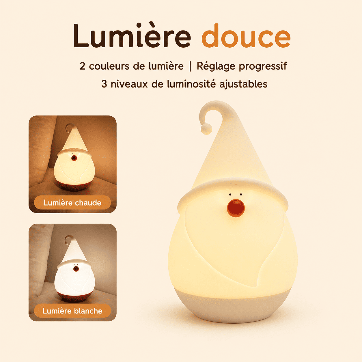 Veilleuse lutin de noël 2 modes lumineux et 3 intensités lumineuses