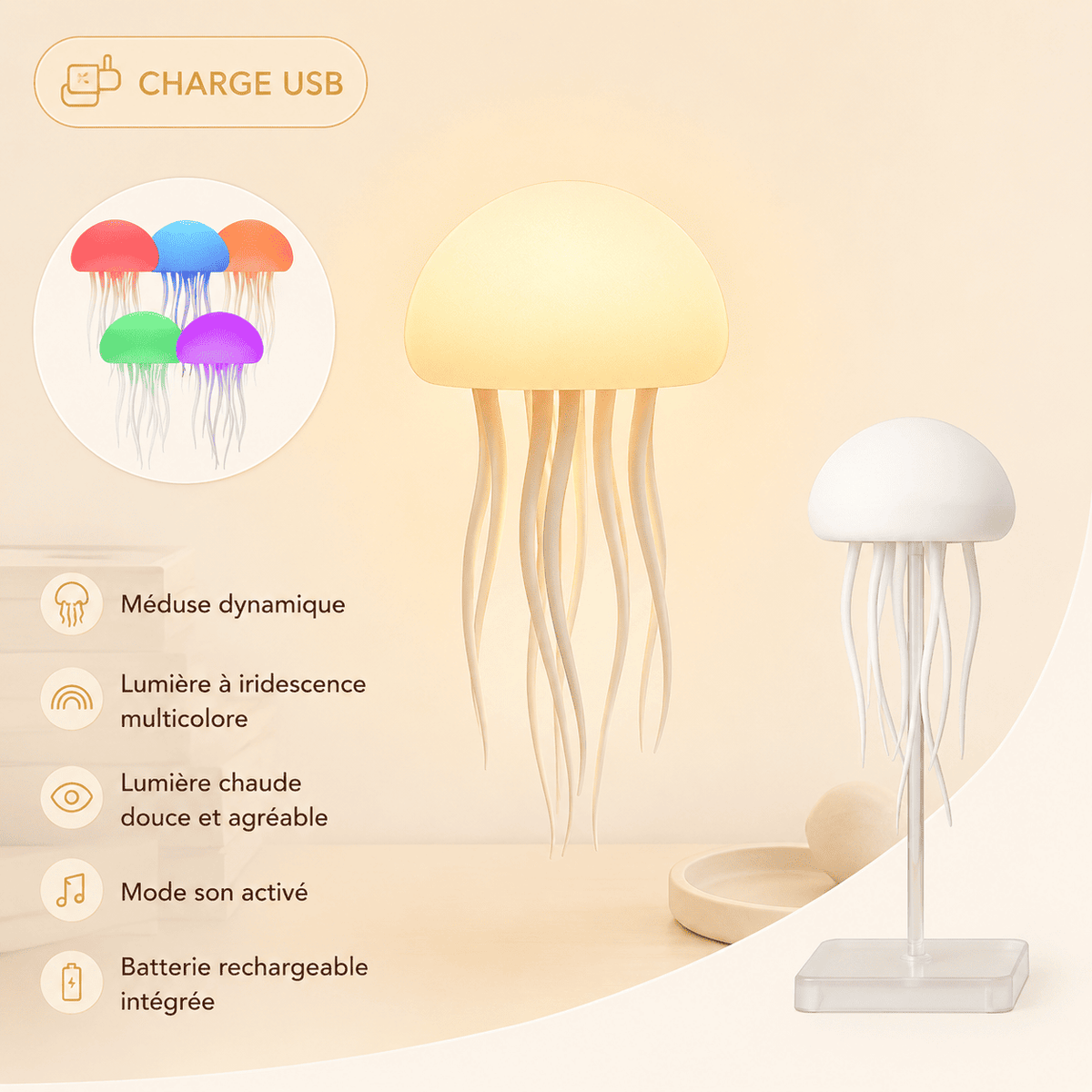 Veilleuse méduse sur fond beige avec informations du produit