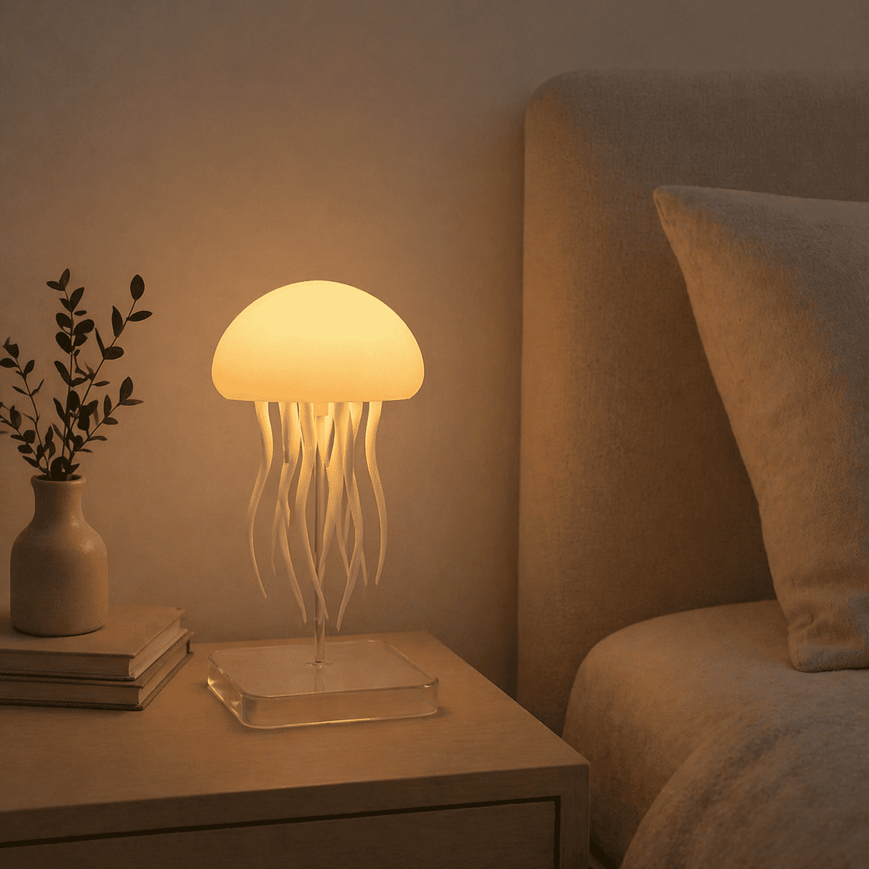 Veilleuse Méduse allumée lumière chaude dans une chambre 
