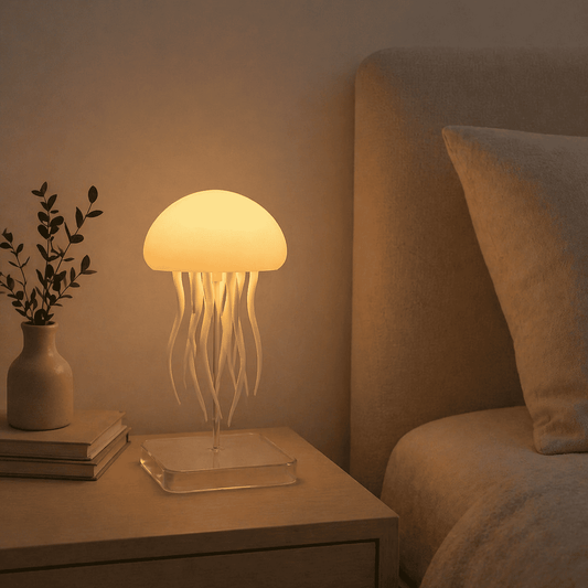 Veilleuse Méduse allumée lumière chaude dans une chambre 