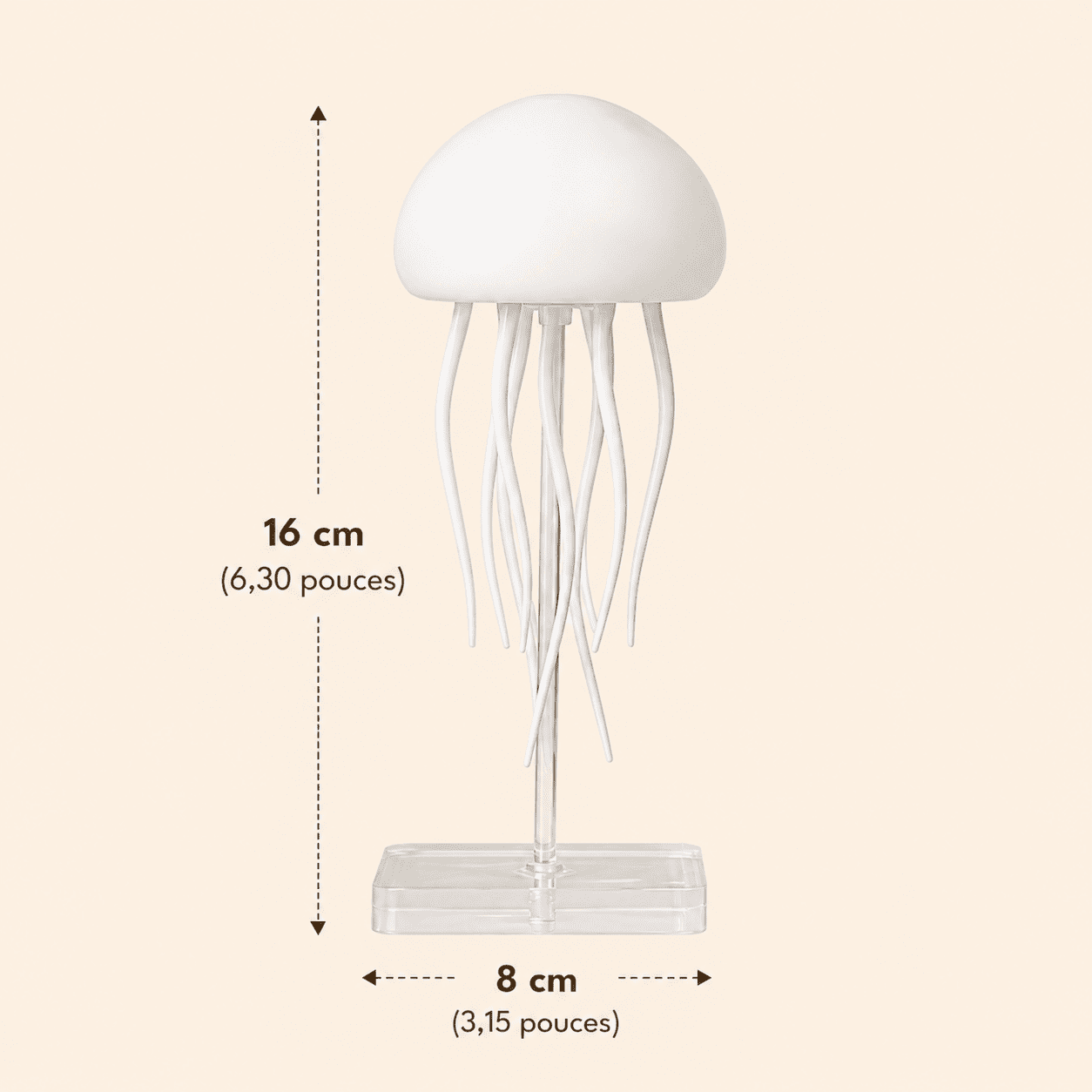 Veilleuse méduse sur fond beige avec la taille du produit