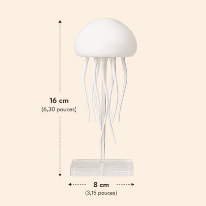 Veilleuse méduse sur fond beige avec la taille du produit