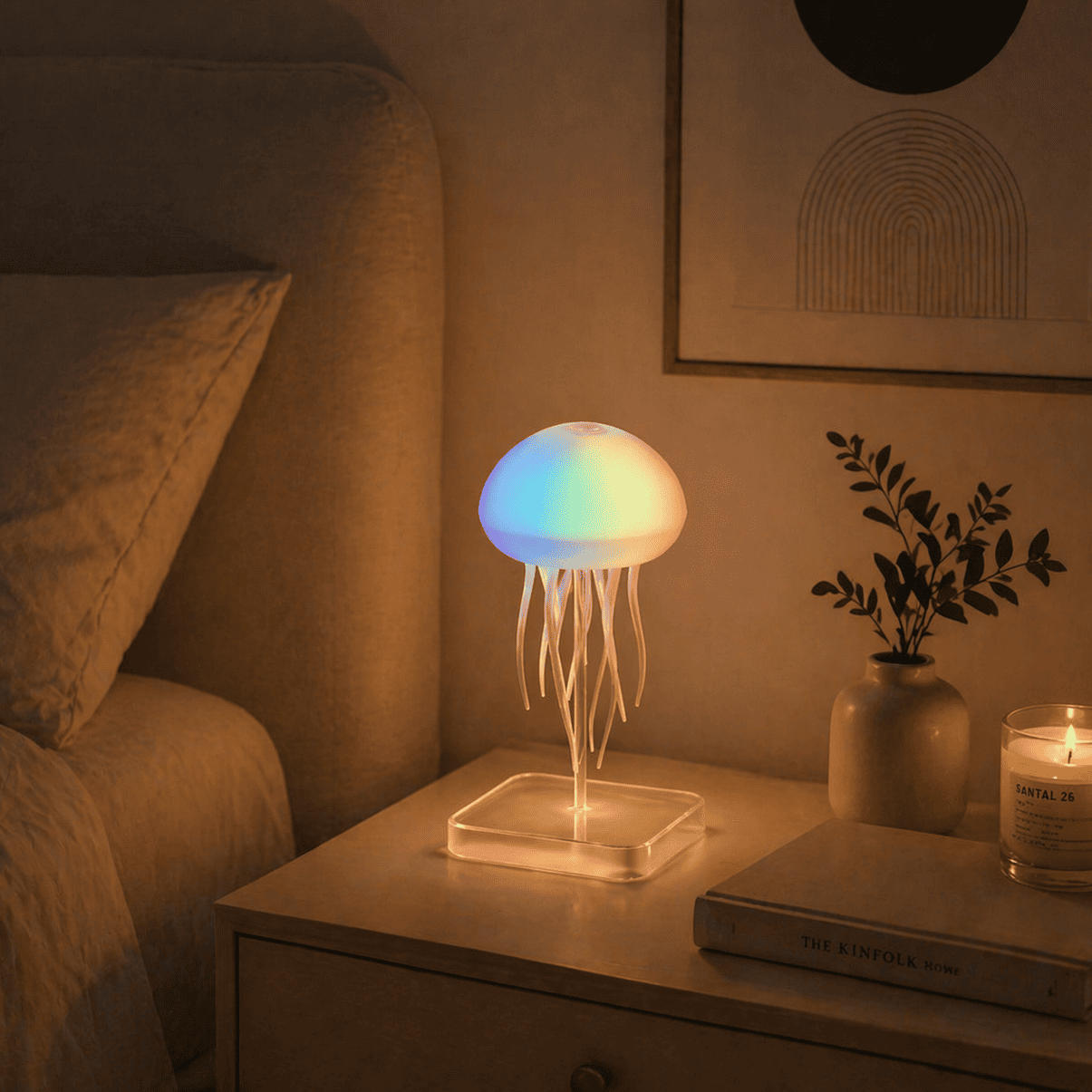 Veilleuse Méduse allumée iridescente dans une chambre 