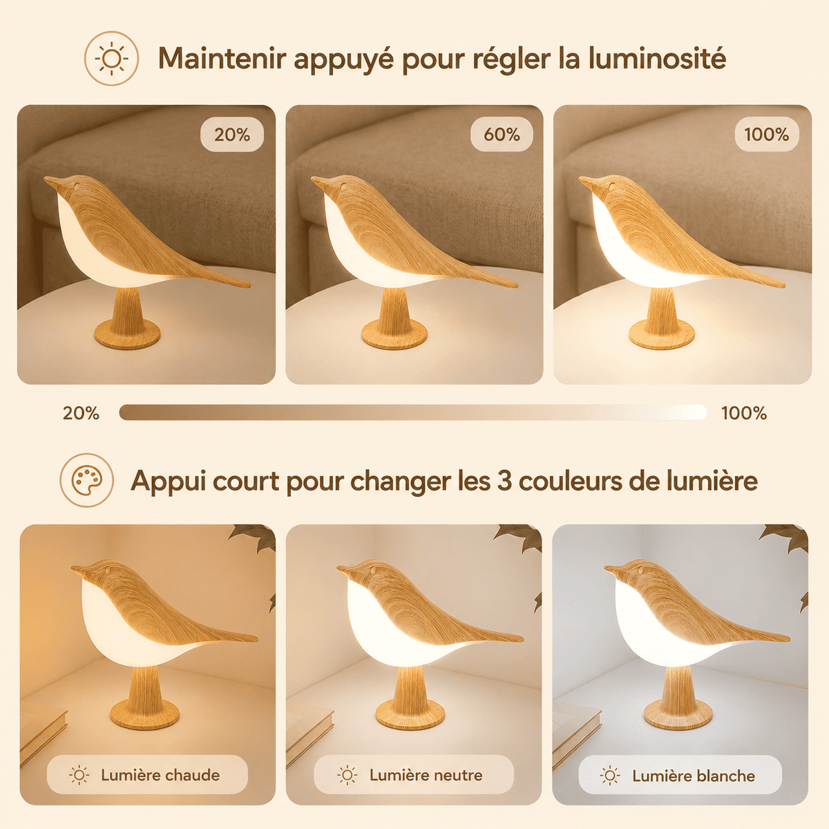 Veilleuse oiseau luminosité et 3 couleurs de lumière - mylumiz.com