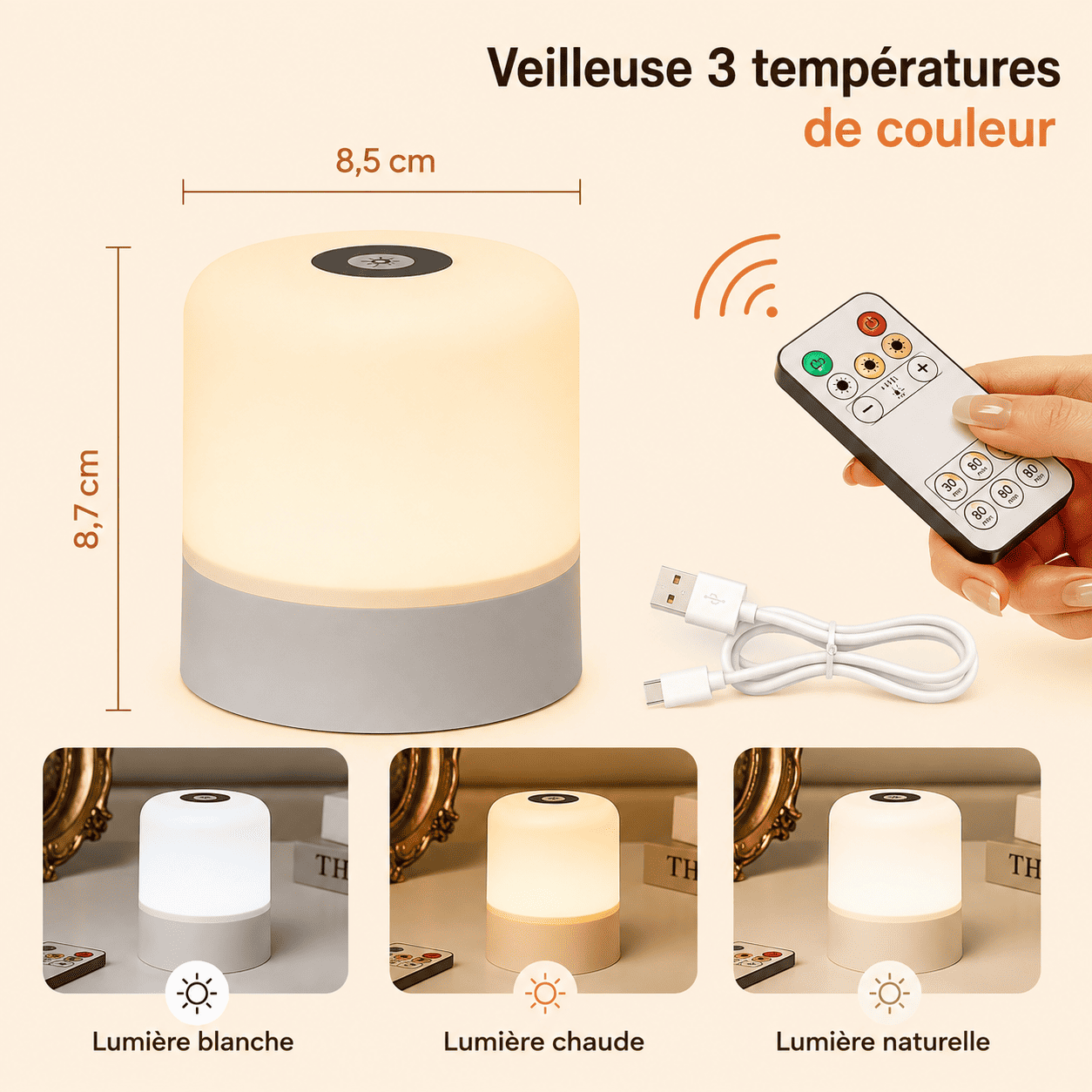Veilleuse pour allaiter taille, câble de recharge et télécommande - mylumiz.com
