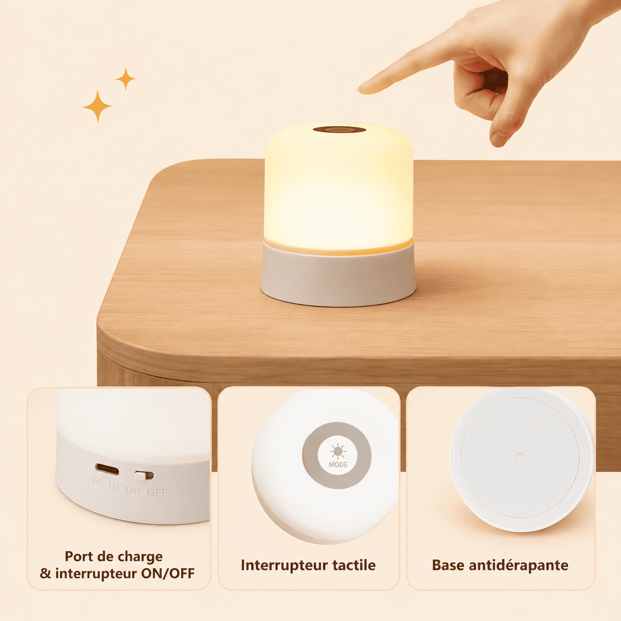 Veilleuse pour allaiter avec port USB, boutons, base antidérapante - mylumiz.com