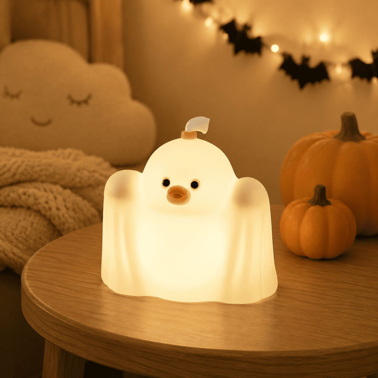 Veilleuse Poussin Fantôme allumée dans une chambre d’enfant décorée pour Halloween