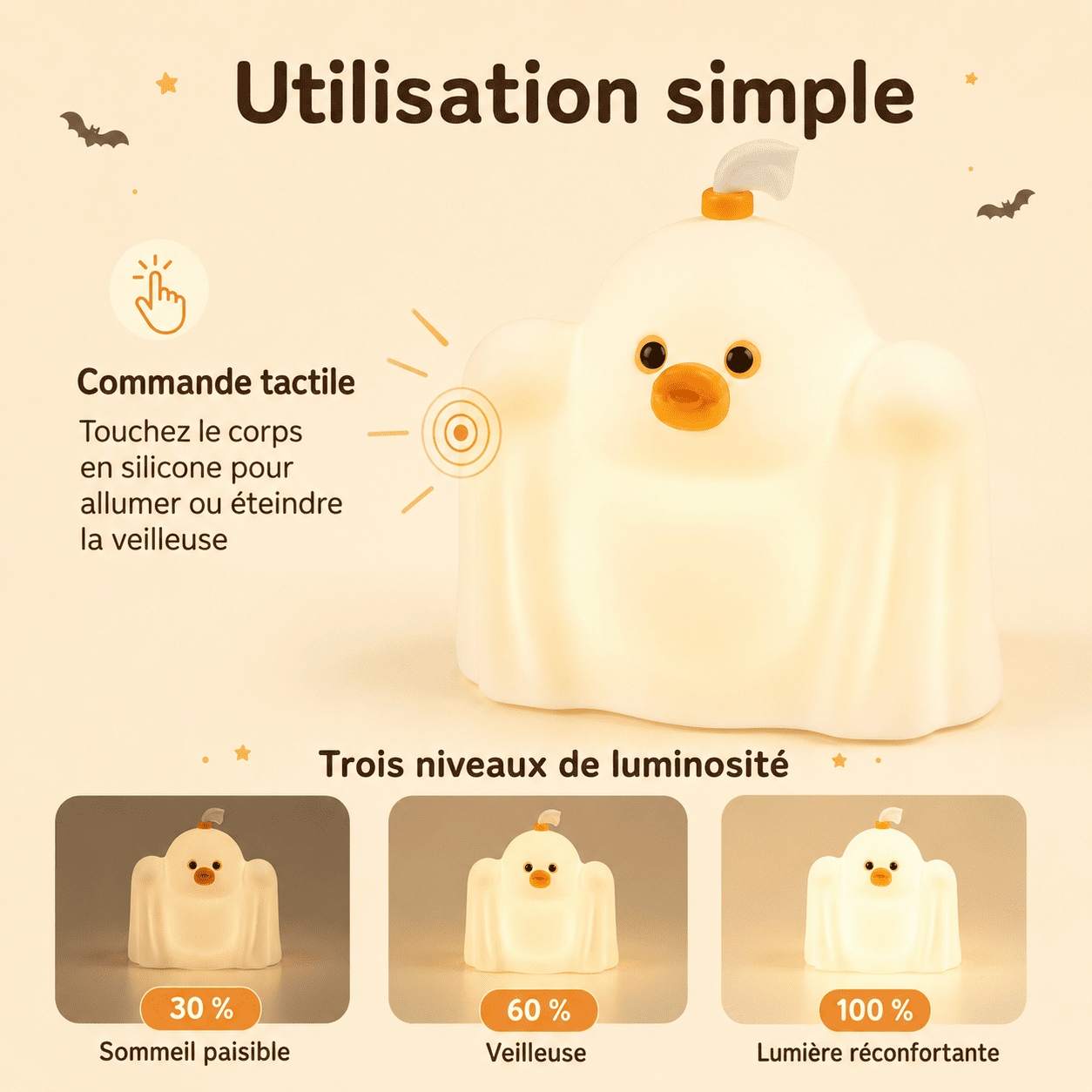 Veilleuse Poussin Fantôme avec commande tactile et trois niveaux de luminosité