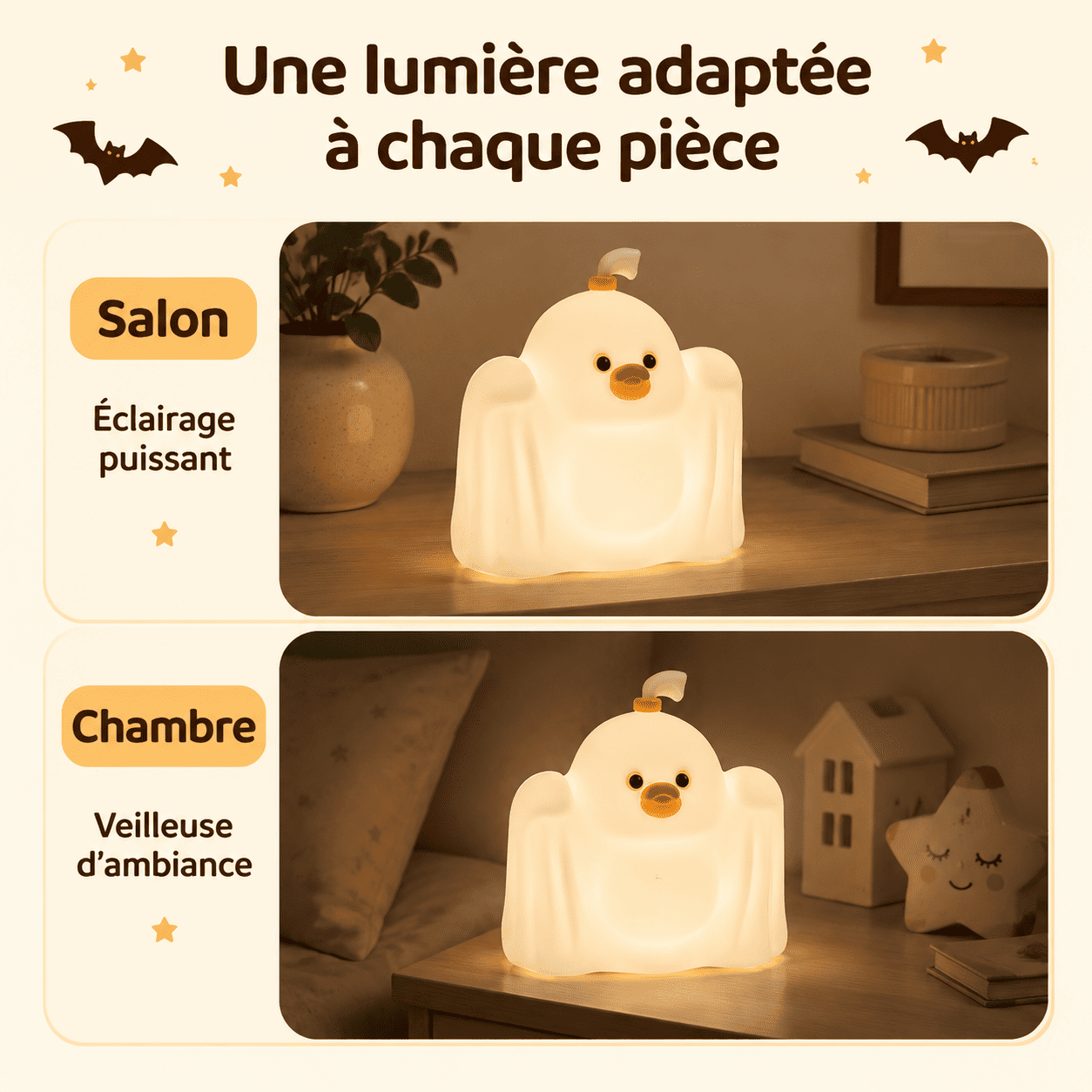 Veilleuse Poussin Fantôme utilisée dans un salon et une chambre
