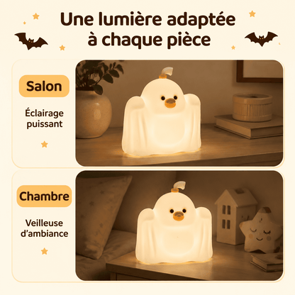 Veilleuse Poussin Fantôme utilisée dans un salon et une chambre