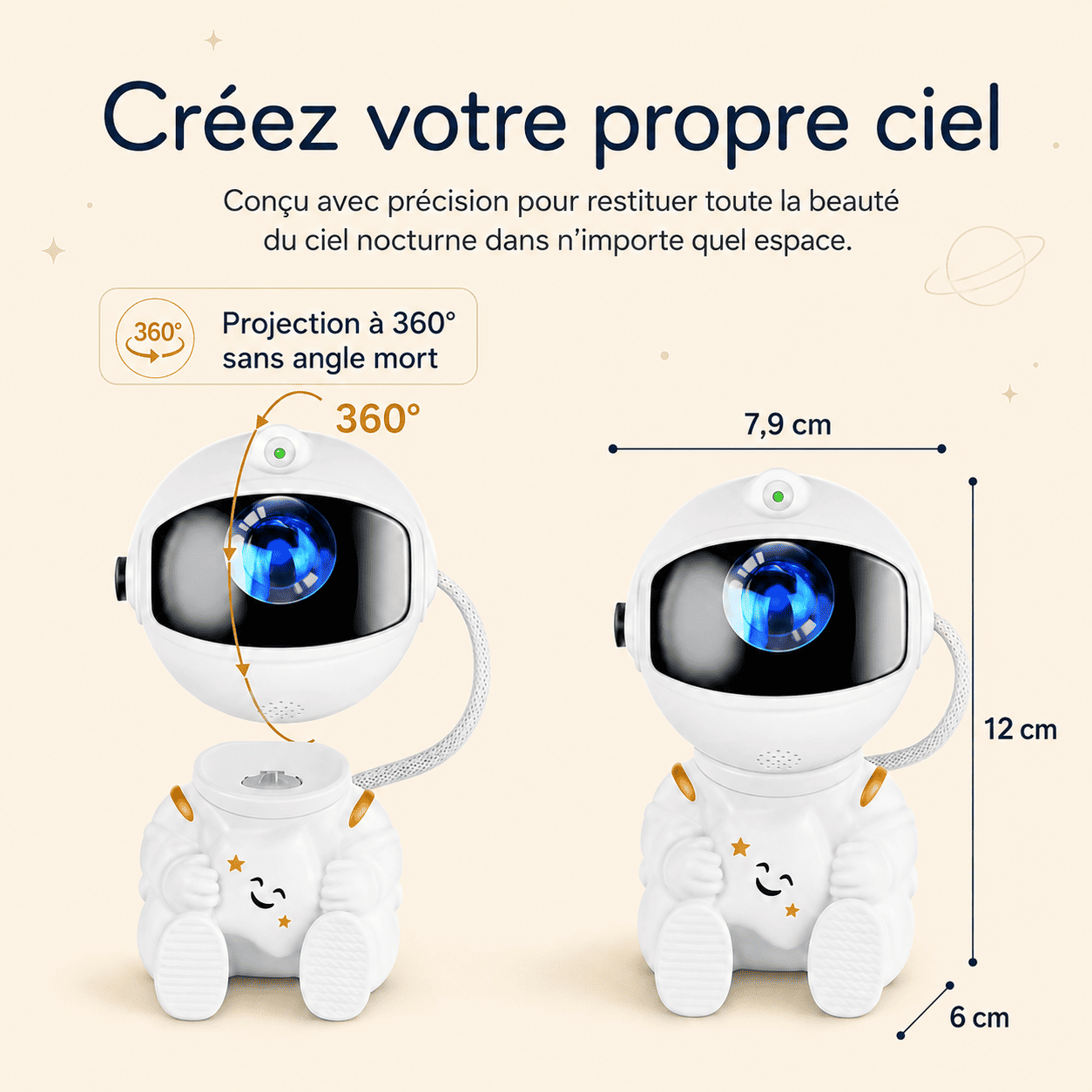 Veilleuse projecteur LED astronaute taille et angle de projection - mylumiz.com
