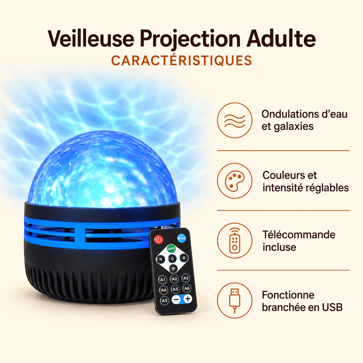 Veilleuse Projection Adulte avec projection d’ondulations d’eau et de galaxies, télécommande et fonctionnement branché en USB.
