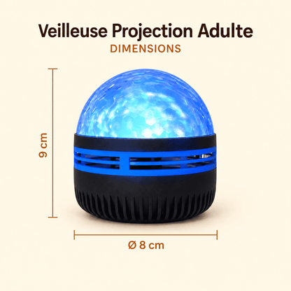 Veilleuse Projection Adulte avec hauteur de 9 cm et diamètre de 8 cm.