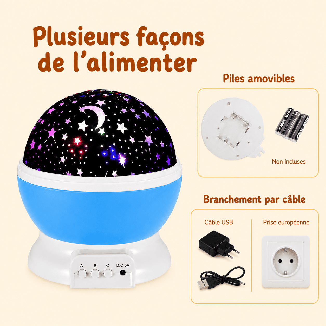 Veilleuse projection ciel étoilé câble USB et piles - mylumiz.com