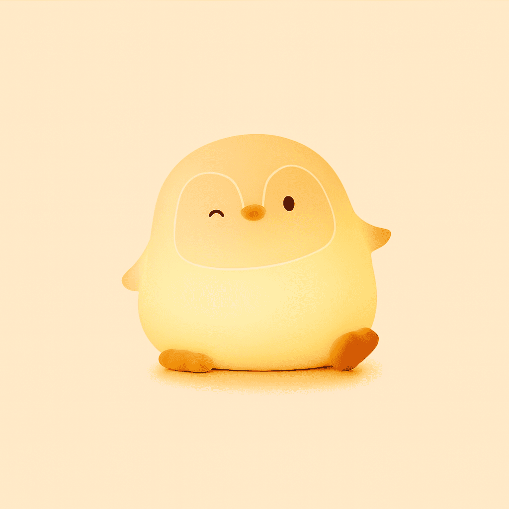 Veilleuse P'tit Pingouin allumée sur fond beige