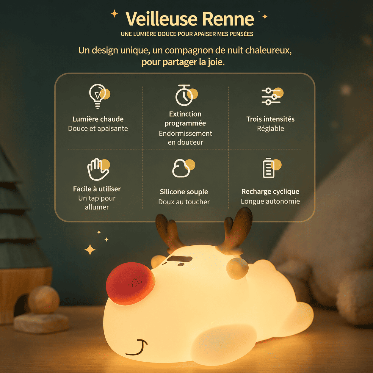 Veilleuse Renne de Noël avec ses différentes fonctionnalités : intensités,  tactile, lumière chaude, minuterie, autonomie