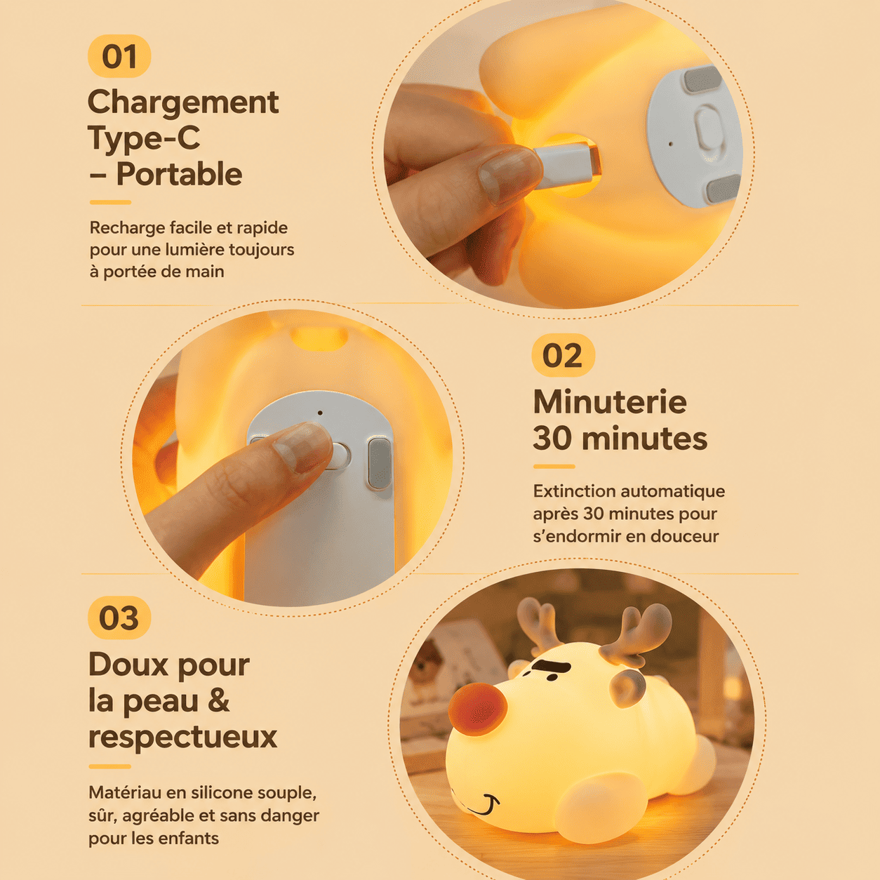 Veilleuse Renne de Noël rechargeable port USB-C et minuterie 30 minutes 
