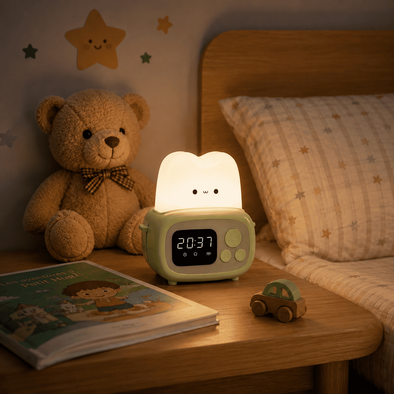 Veilleuse réveil enfant vert dans une chambre d'enfant - mylumiz.com