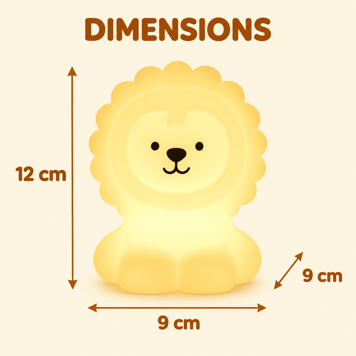 Dimensions de la Veilleuse Roi Lion : 9 × 9 × 12 cm