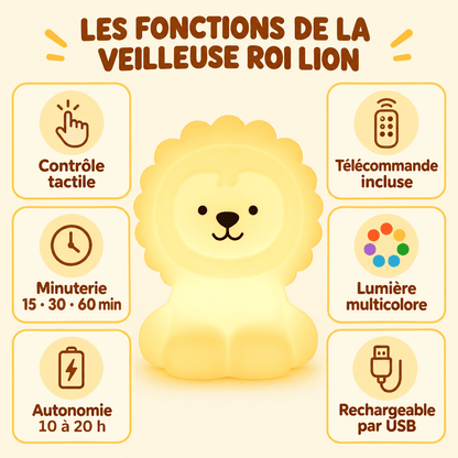 Fonctions de la Veilleuse Roi Lion : tactile, télécommande, minuterie et recharge USB