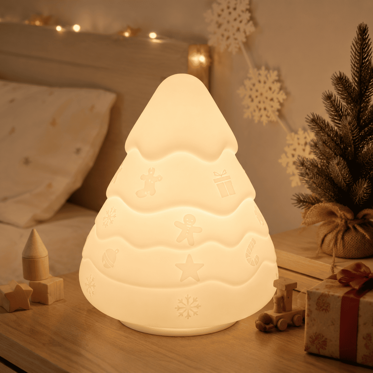Veilleuse sapin de Noël allumée dans une chambre d’enfant décorée pour Noël
