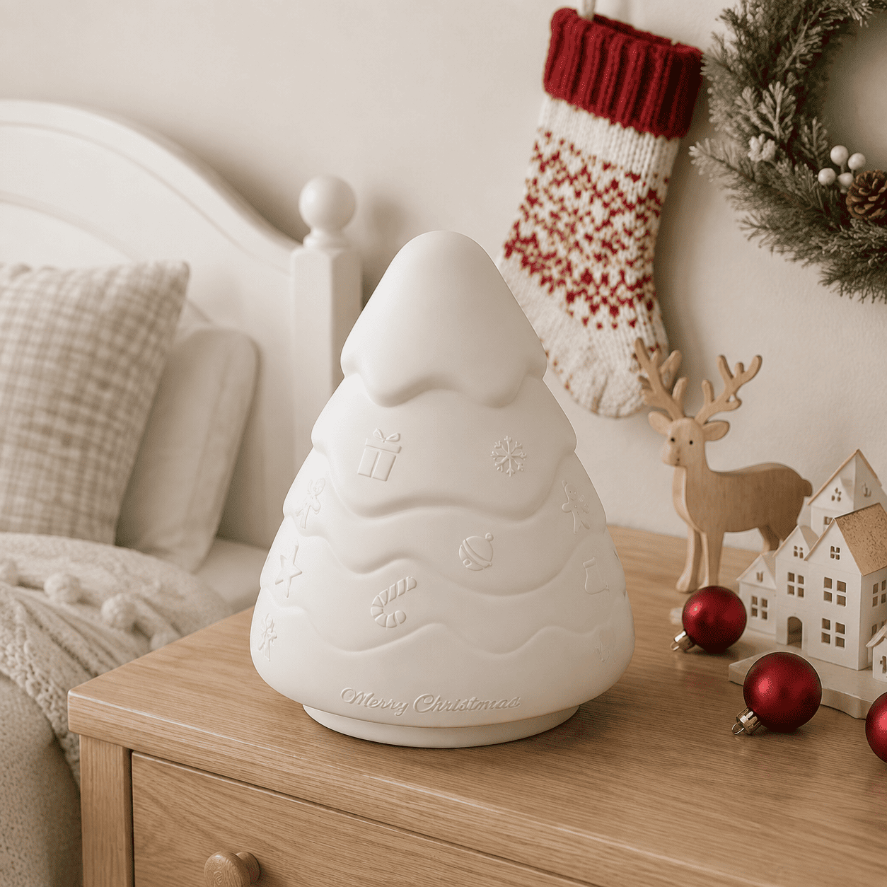Veilleuse sapin de Noël éteinte dans une chambre d’enfant lumineuse