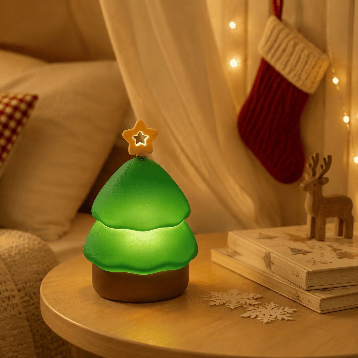 Mini veilleuse sapin allumée dans une chambre d’enfant décorée pour Noël