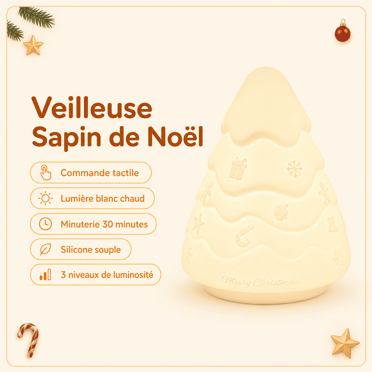 Veilleuse sapin de Noël avec lumière blanc chaud et commande tactile
