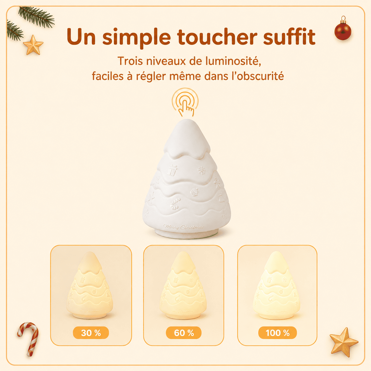Trois niveaux de luminosité de la veilleuse sapin de Noël