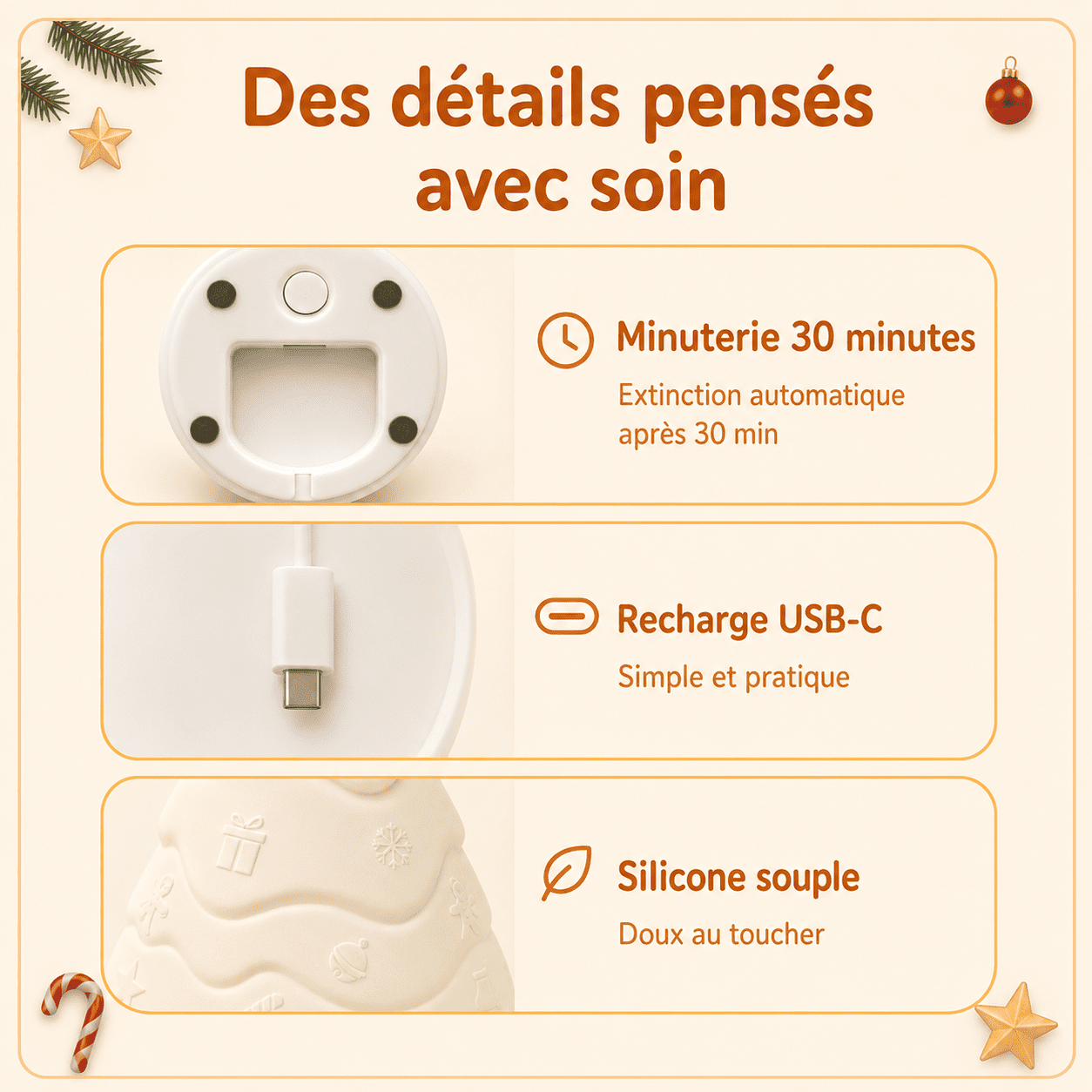 Minuterie, recharge USB-C et silicone souple de la veilleuse sapin