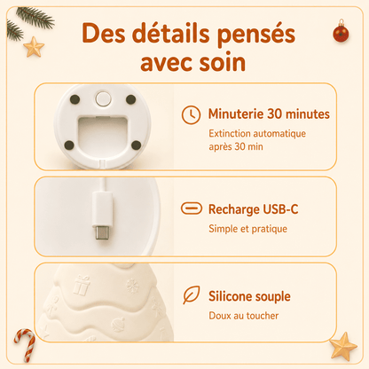 Minuterie, recharge USB-C et silicone souple de la veilleuse sapin
