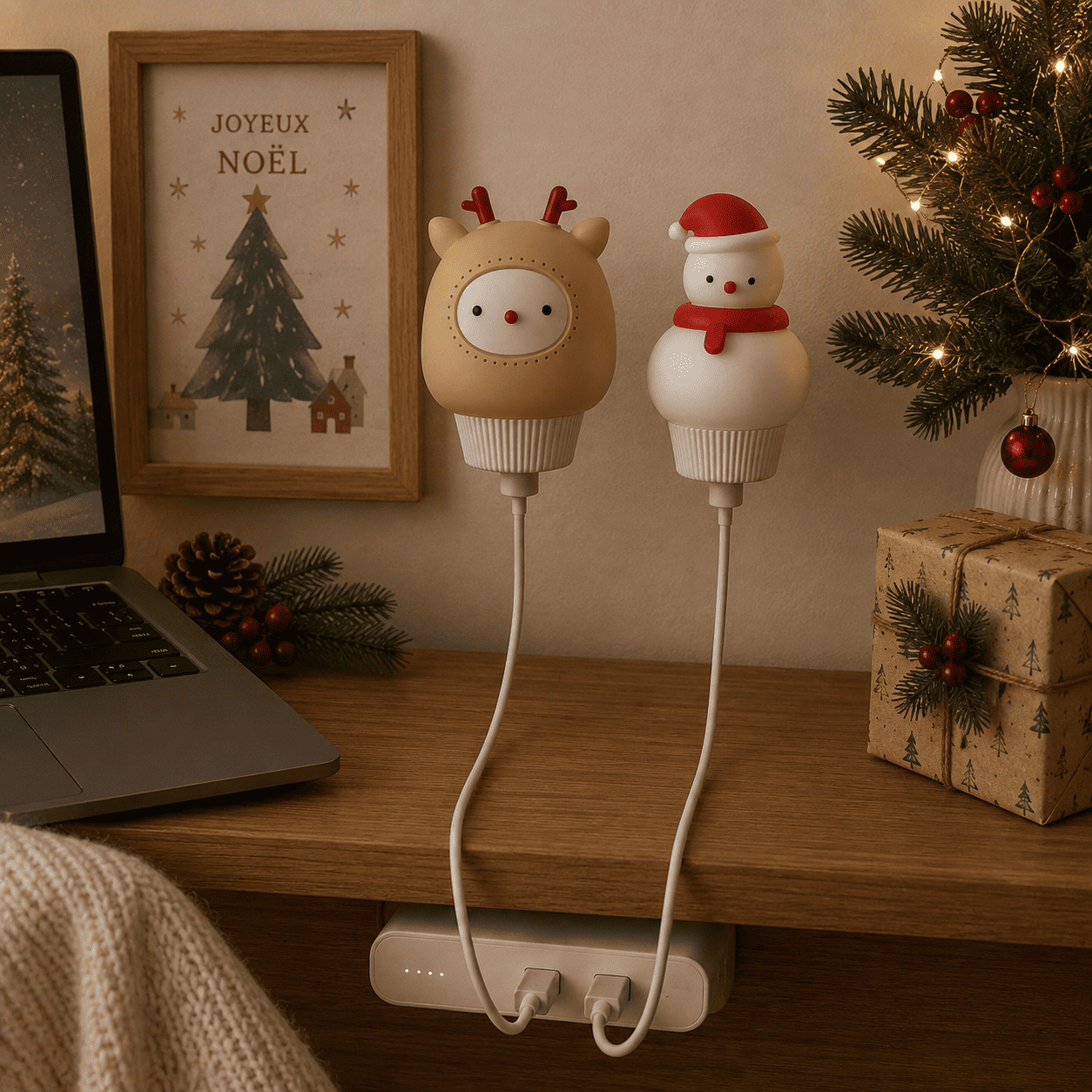 Veilleuse USB de noël bonhomme de neige et renne éteintes dans décoration de noël