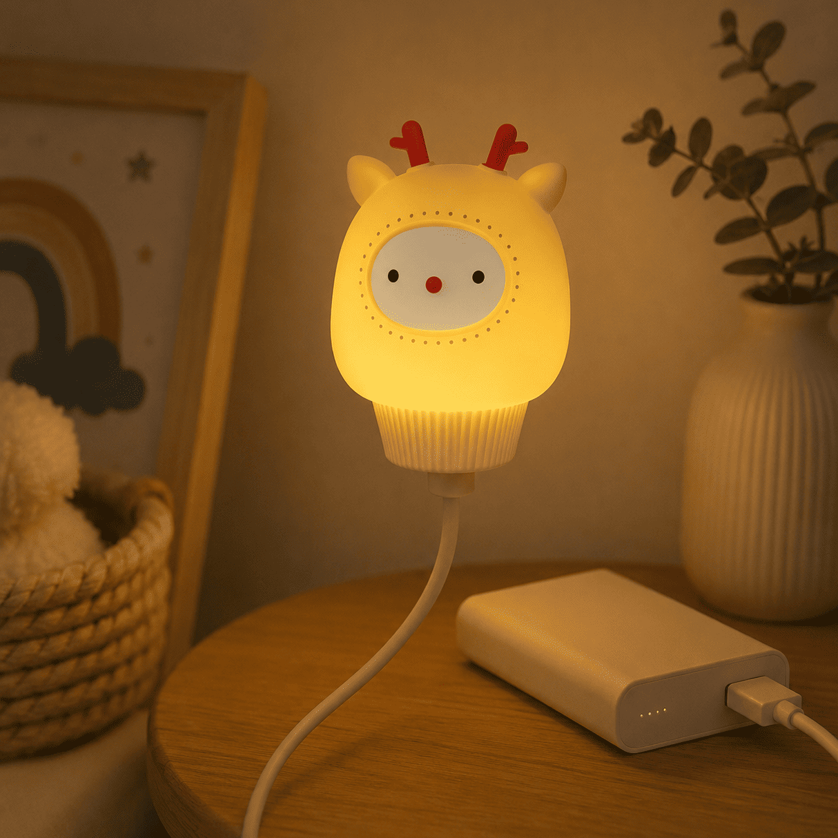 Veilleuse USB renne de noël sur une table de chevet branchée à un disque dur 
