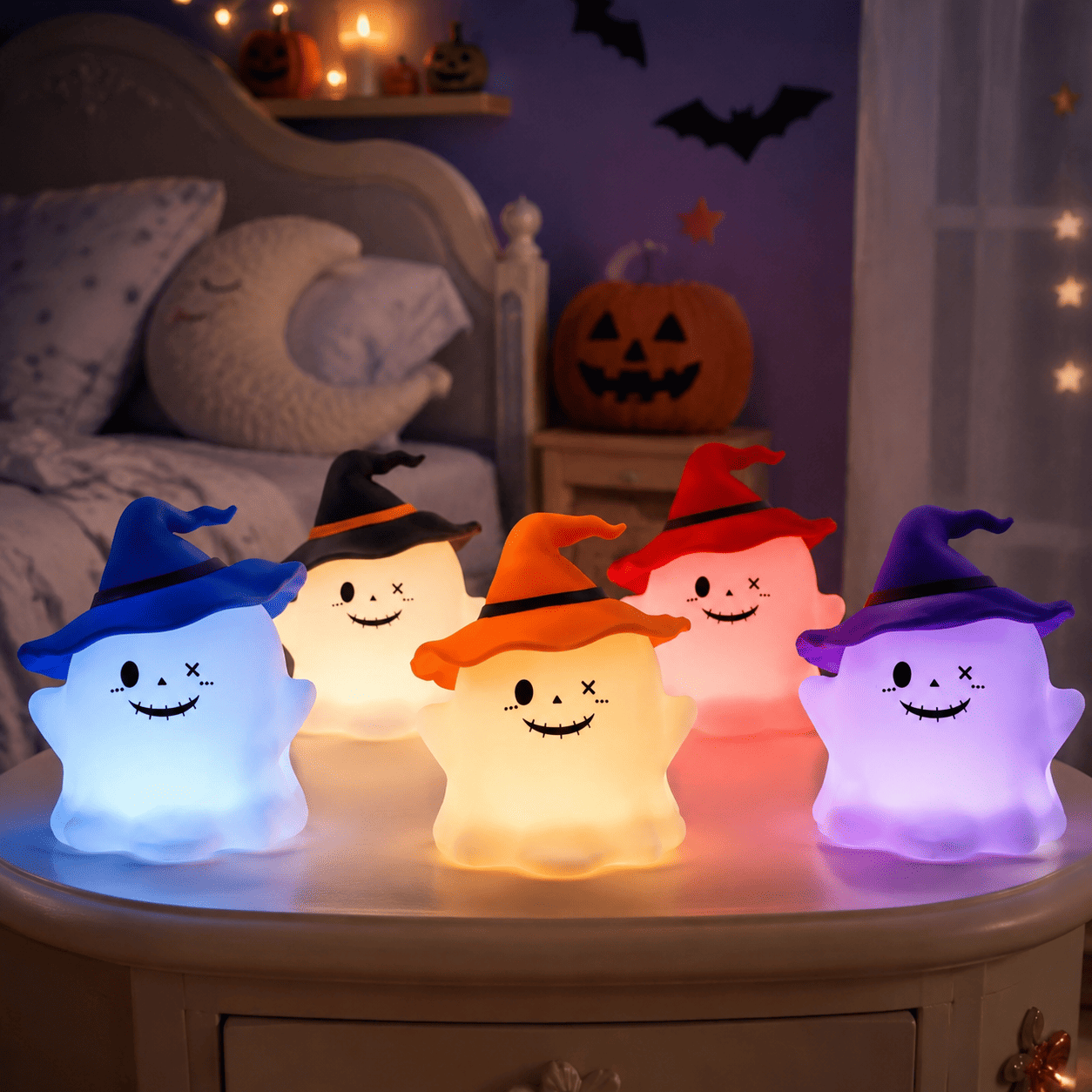 Cinq veilleuses fantôme sorcière multicolores dans une chambre d’enfant Halloween