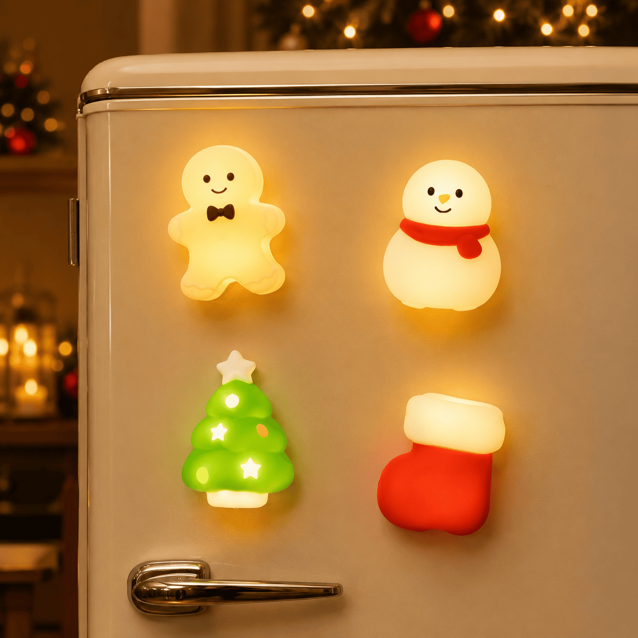 Lot de quatre veilleuses magnétiques de Noël allumées sur un réfrigérateur