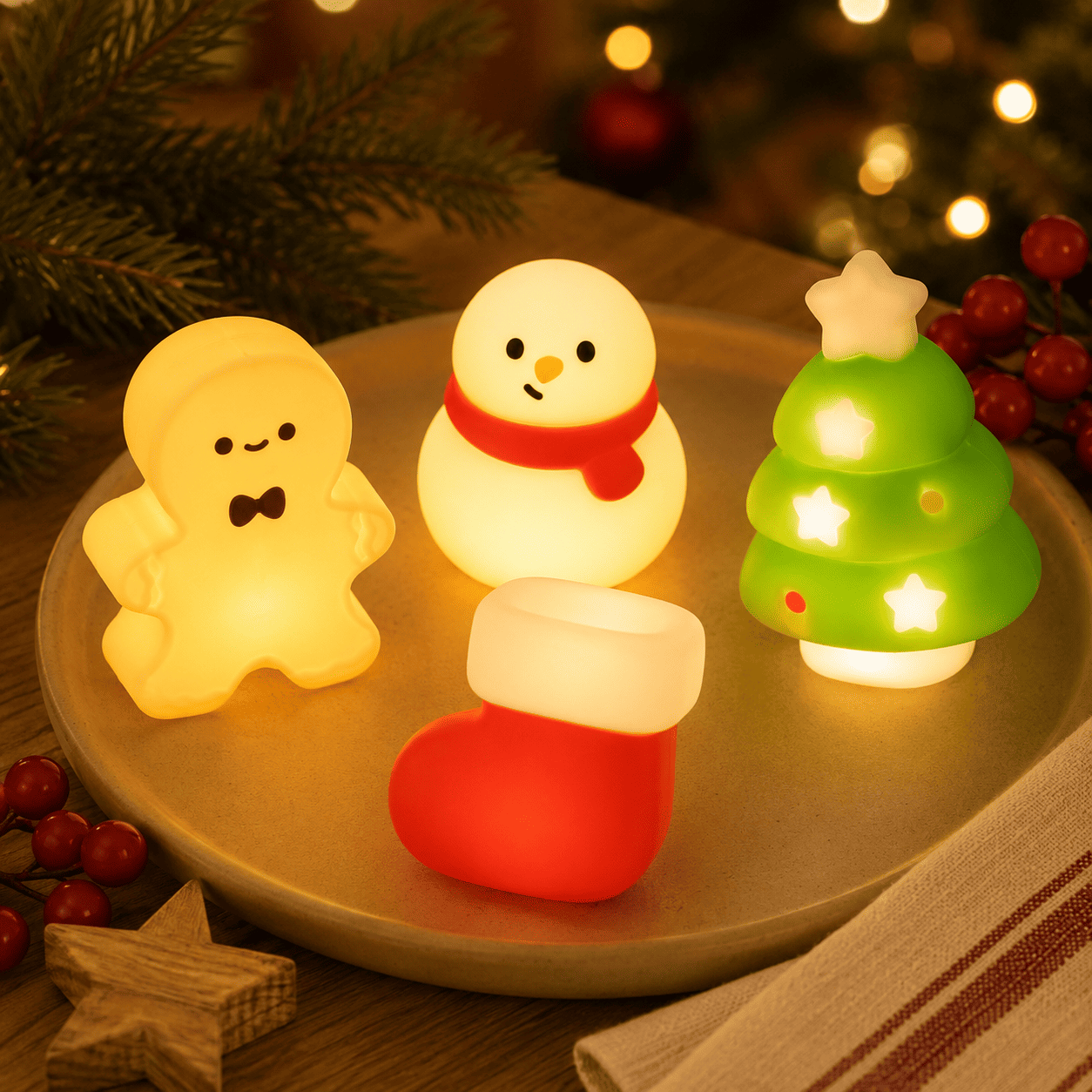 Quatre veilleuses de Noël allumées sur une table décorée