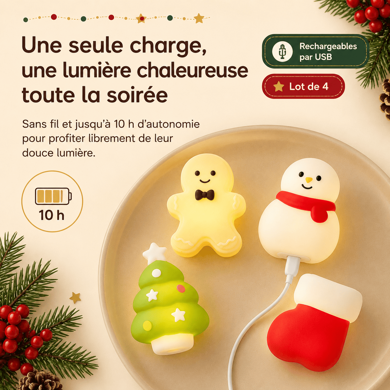 Veilleuses de Noël rechargeables par USB avec dix heures d’autonomie