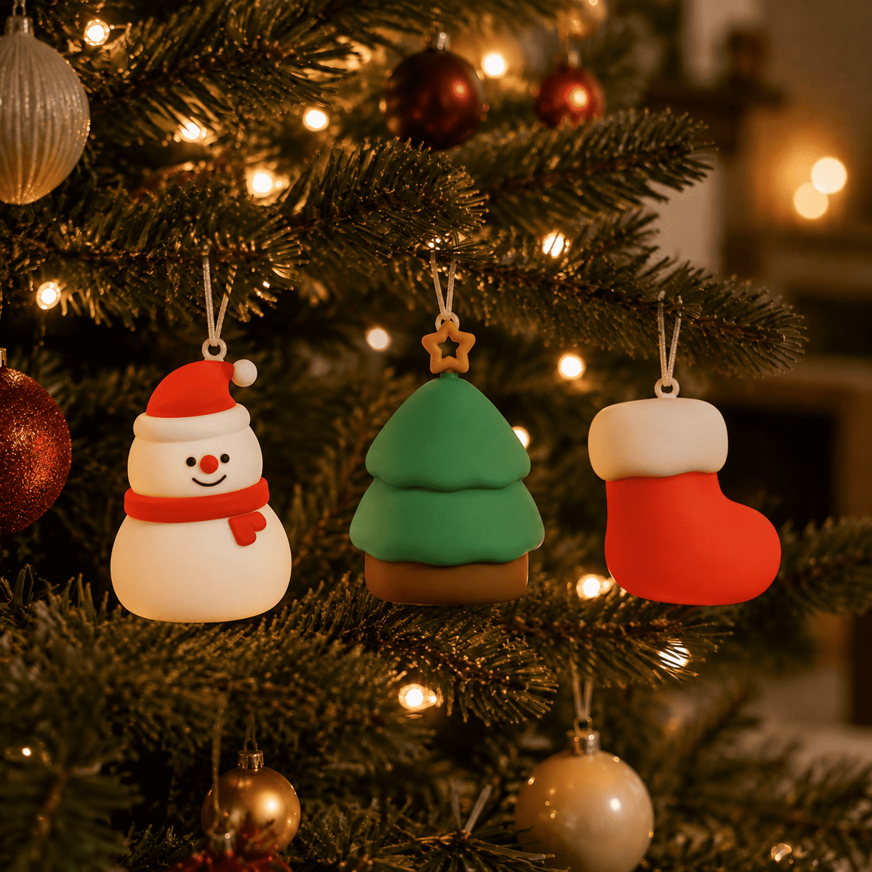 Veilleuses bonhomme de neige, sapin et chaussette éteintes sur un sapin de Noël