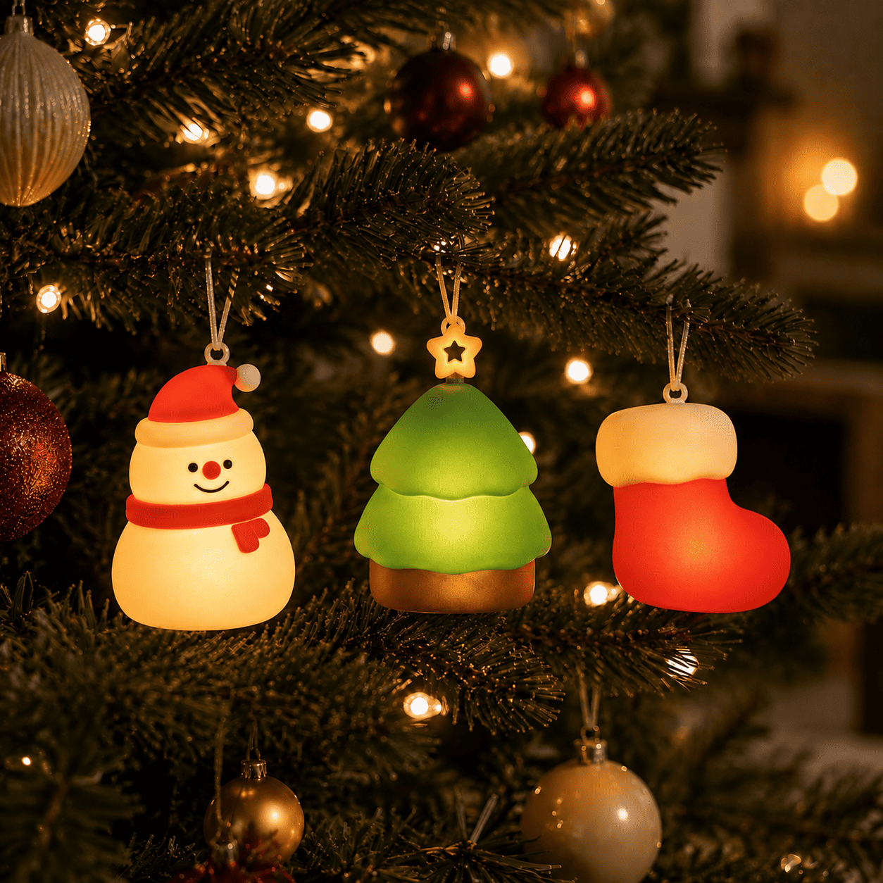 Veilleuses bonhomme de neige, sapin et chaussette allumées sur un sapin de Noël